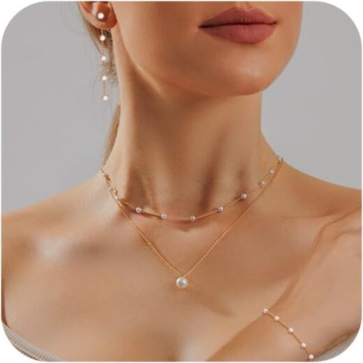 Gold Jewelry Set for Women - Dainty 14K Gold/Silver Plated Pearl Choker Necklace, Drop Earrings & Bracelets - Wedding Trendy Pearl Jewelry Gift