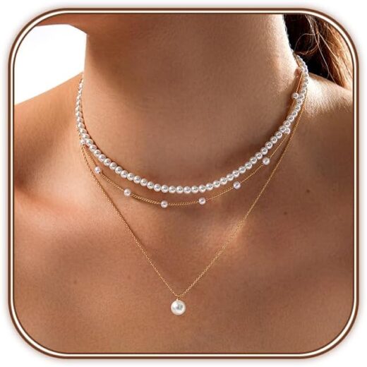 Gold Pearl Necklace for Women, Dainty 14K Gold/Silve Plated Layered Pearl Choker Pearl Earrings Pearl Bracelets Wedding Trendy Gold Jewelry Set for Women Gifts