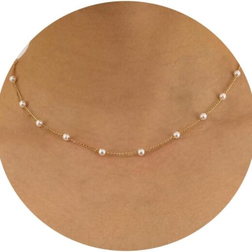 Pearl Necklace for Women, Dainty 14K Gold/Silver Plated Pearl Necklace Simple White Pearls Choker Necklace Cute Pearl Thin Chain Necklace Elegant Tiny Small Faux Pearl Necklaces Women Wedding Jewelry Gift