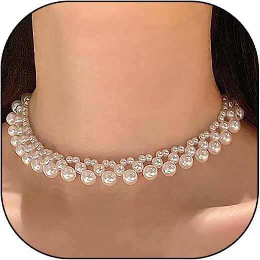 Prom Pearl Statement Choker Necklace, Dainty Cluster Round Beads Pearls Collar Necklace Exquisite Wedding Pearl Earrings for Bridal Bridesmaid