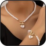 Pearl Heart Pendant Necklace Set for Women Baroque Style Pearl Necklace OT Clasp Pearl Necklace Chunky Heart Shape Pearl Necklace Bracelet Jewelry