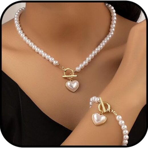 Pearl Heart Pendant Necklace Set for Women Baroque Style Pearl Necklace OT Clasp Pearl Necklace Chunky Heart Shape Pearl Necklace Bracelet Jewelry