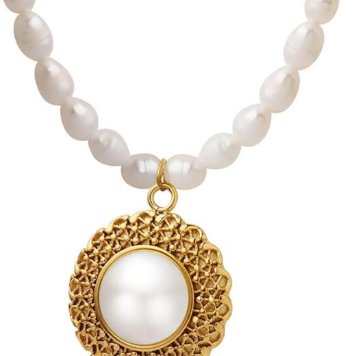 14K Yellow Gold Pearl Love Choker Necklace,Freshwater Cultured Pearl Pendant Necklaces,Fashion Jewelry for Women