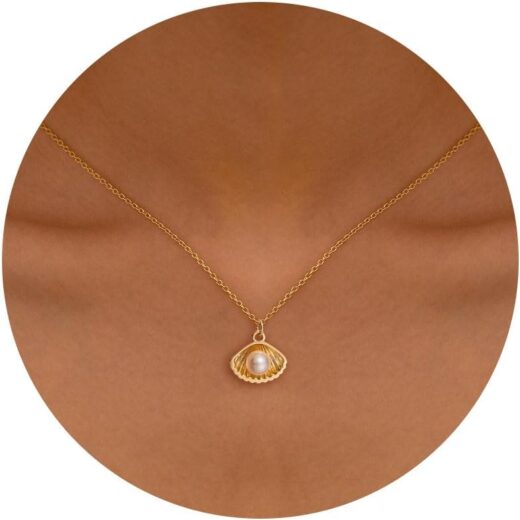 Pearl Necklace: 14K Gold-Plated Pearl Necklace for Women 16.5” + 2”