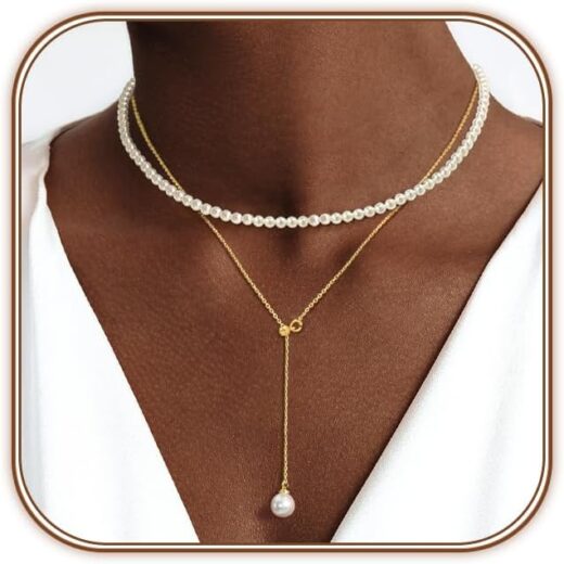 Gold Necklace for Women Dainty Long Pearl Necklace 14k Gold/Silver Plated Layered Pearl/Beaded/ Y-Shaped Drop Wedding Stack Necklace Trendy Simple Gold Jewelry Set Gifts