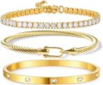 18K Gold Plated Love Bracelet Set, Zircon Adjustable Bracelet Horseshoe Buckle Cable Bracelet, 3-Piece Women's Stackable Gold Bracelet Jewelry Set