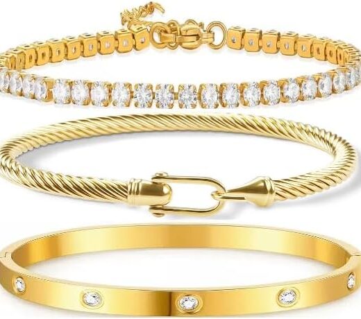18K Gold Plated Love Bracelet Set, Zircon Adjustable Bracelet Horseshoe Buckle Cable Bracelet, 3-Piece Women's Stackable Gold Bracelet Jewelry Set