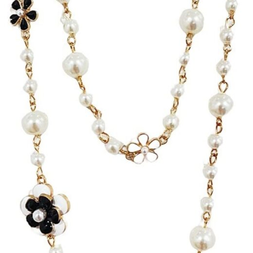 Designer Imitation Pearl Neckalce Camellia Flower Number 5 Long Layered Charm Sweater Neckalce for Women