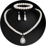 Pearl Necklace and Earring Set Faux Pearl Prom Jewelry Sets for Women Imitation Beaded Pearl Necklace Bracelet Stud Earrings for Women