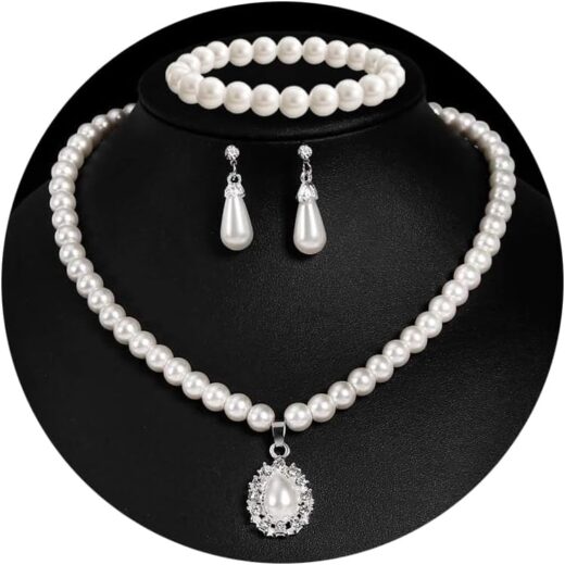 Pearl Necklace and Earring Set Faux Pearl Prom Jewelry Sets for Women Imitation Beaded Pearl Necklace Bracelet Stud Earrings for Women