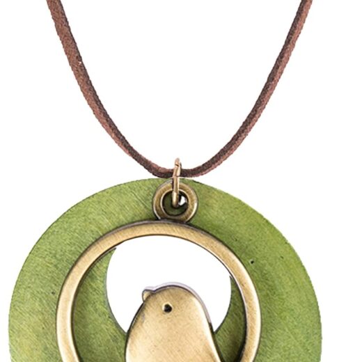 Boho Vintage Handmade Wood Pendant With Cute Charms Long Army Green Leather Necklace Sweater Chain for Women Long Necklace All-Match Style Gift Fashion