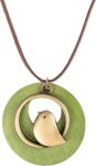 Boho Vintage Handmade Wood Pendant With Cute Charms Long Army Green Leather Necklace Sweater Chain for Women Long Necklace All-Match Style Gift Fashion
