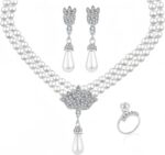 Pearl Bride Wedding Jewelry Set Faux Pearls Crystal Rhinestone Necklace Earrings Bracelet Sets for Women Bridesmaid Wedding Parties Dates Everyday Wear
