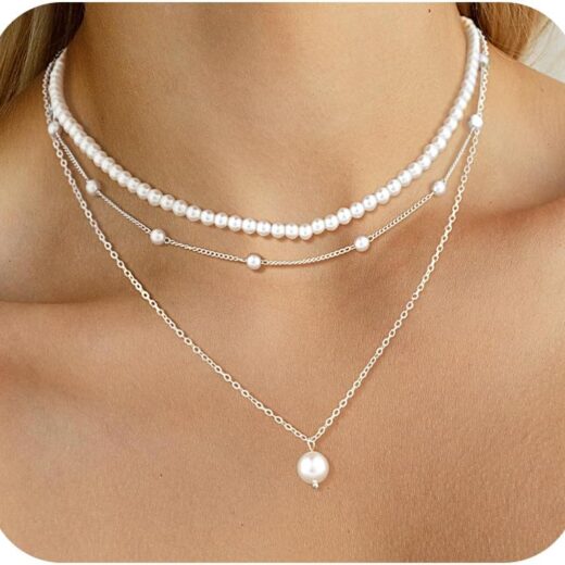 Gold Jewelry Set for Women, Dainty Layered 14K Gold/Silver Pearl Choker Necklaces and Earring Set Pearl Earrings Bracelets Wedding Bride Jewelry