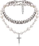 Pearl Cross Necklace for Women Silver Layered Crystal Cross Pendant Punk Chain Choker Necklace Dainty Jewelry