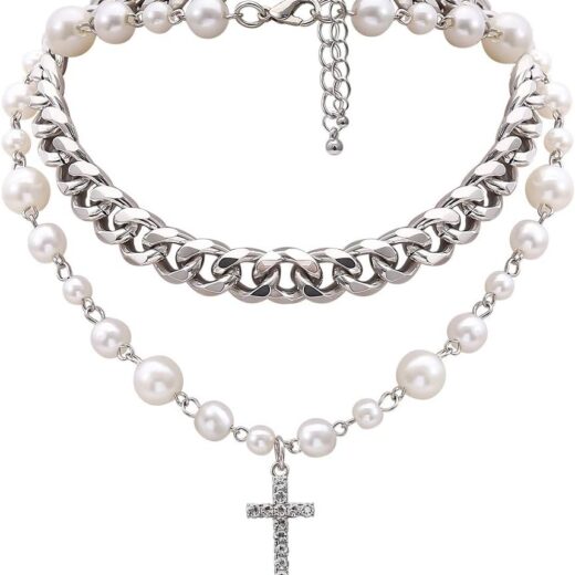 Pearl Cross Necklace for Women Silver Layered Crystal Cross Pendant Punk Chain Choker Necklace Dainty Jewelry