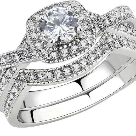 Stainless Steel Rings for Women Infinity Wedding Set Round  Cubic Zirconia Halo Engagement Bridal Jewelry Set