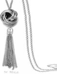 Long Tassel Necklace Silver Tone Lovely Knot Tassel Pendant Knot Snake Chain for Women
