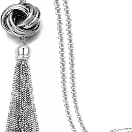 Long Tassel Necklace Silver Tone Lovely Knot Tassel Pendant Knot Snake Chain for Women