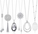 6Pcs Long Pendant Necklaces for Women Long Sweater Necklaces Silver Flower Tassel Disk Circle Leaf Statement Sweater Chain Necklace for Women Y Necklace Set Fashion Jewelry