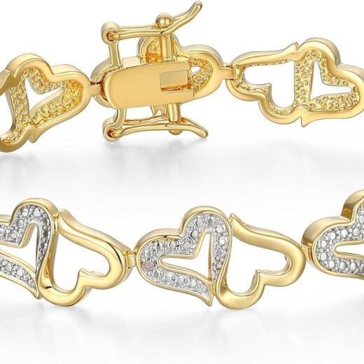 18k Gold Plated Bronze Diamond Accent Open Heart Bracelet for Women Trendy - Elegant Gold Bracelet with Diamond Accents, Adjustable 7.25 Inch Design