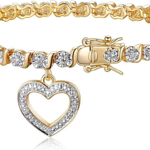 Bronze Rhodium, 14k Rose Gold or 18k Yellow Gold Plated Diamond Accent Tennis Bracelets for Women Trendy - Charm Womens Bracelets with Accent S-Link Chain, Gift Jewelry 7.25 inch