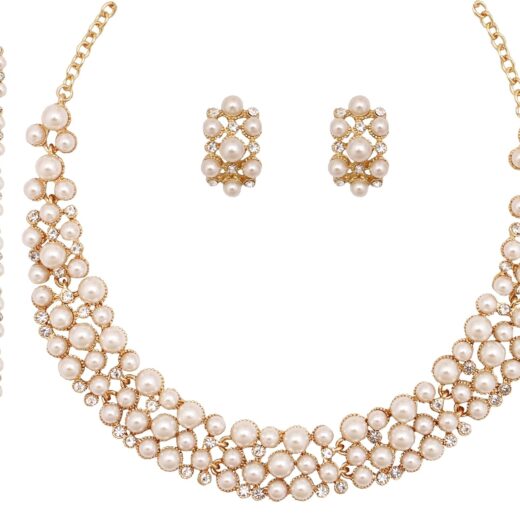 3PCS Wedding Bridal Artificial Pearl Crystal Necklace Drop Earring Bracelet Brides Party Costume Jewelry Set for Women